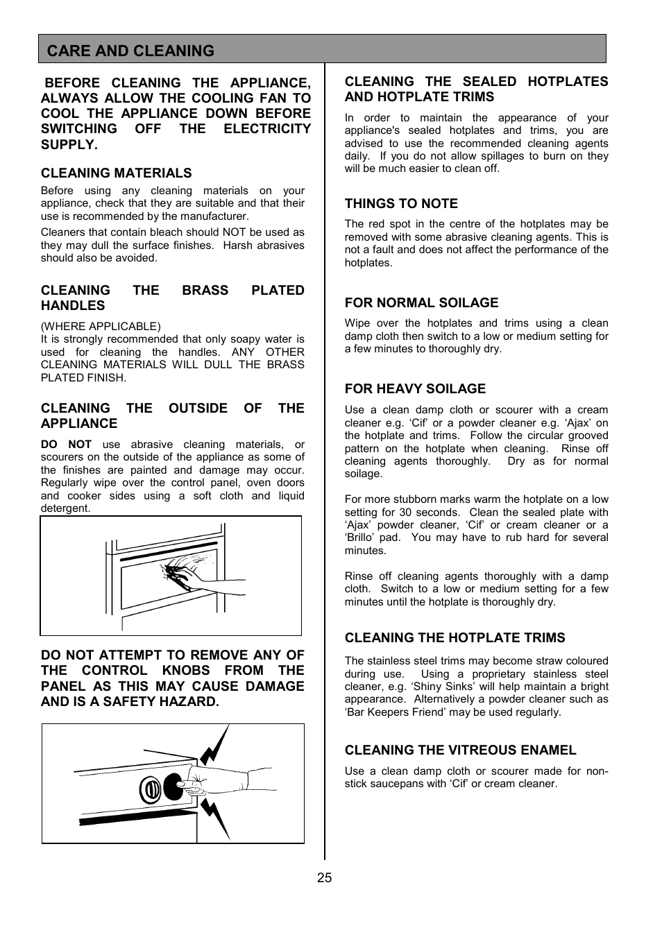 Care and cleaning | Tricity Bendix SIE325 User Manual | Page 25 / 32