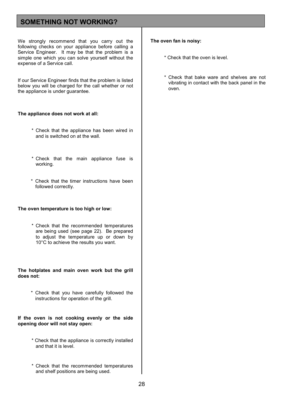 Something not working | Tricity Bendix SIE325 User Manual | Page 28 / 32