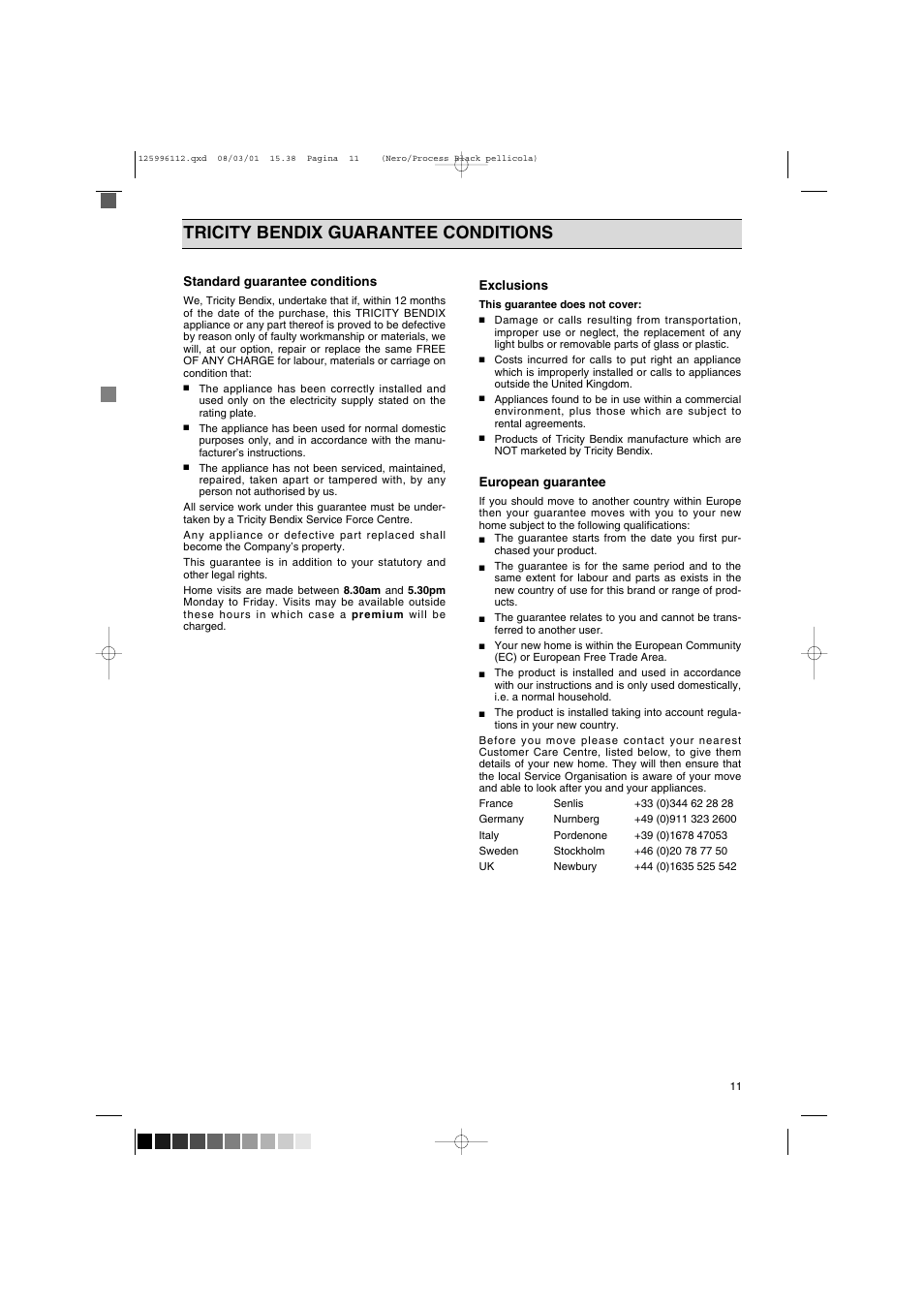 Tricity bendix guarantee conditions | Tricity Bendix TM 560 User Manual | Page 11 / 14