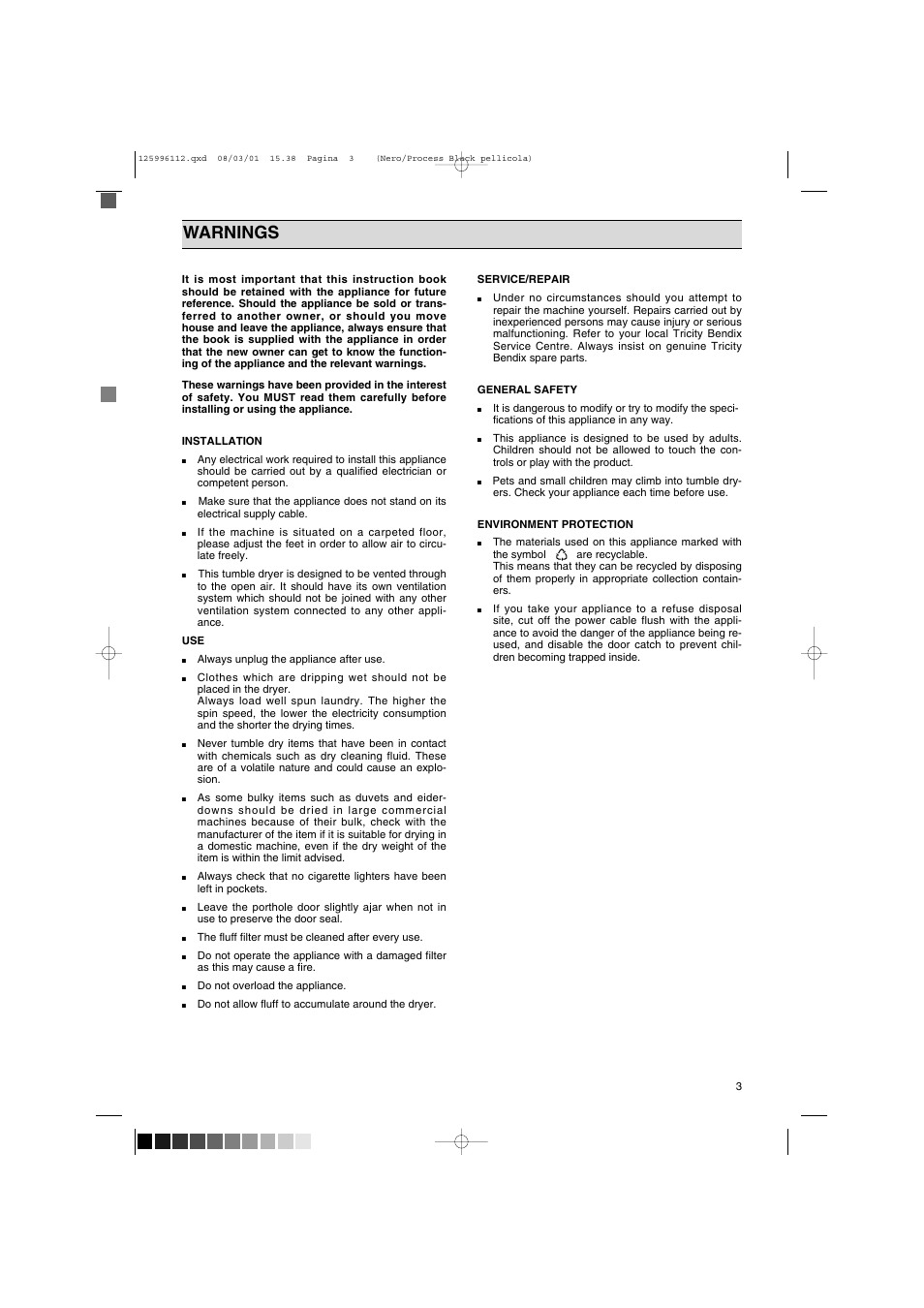 Warnings | Tricity Bendix TM 560 User Manual | Page 3 / 14