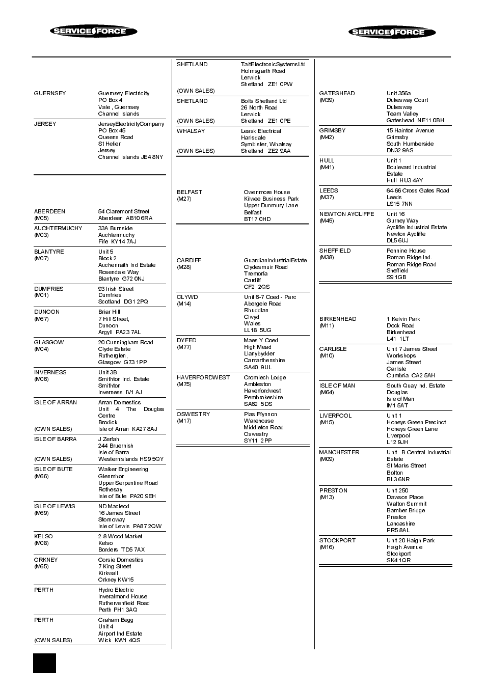 Tricity bendix service force, Channel islands, Scotland | Northern ireland, Wales, North east, North west | Tricity Bendix RSE50M User Manual | Page 22 / 28