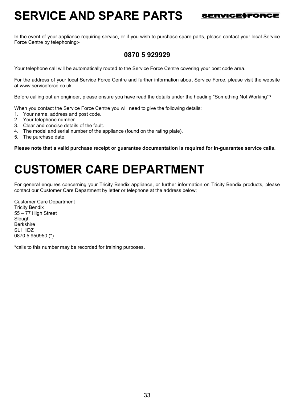 Service and spare parts, Customer care department | Tricity Bendix SIE557 User Manual | Page 33 / 36