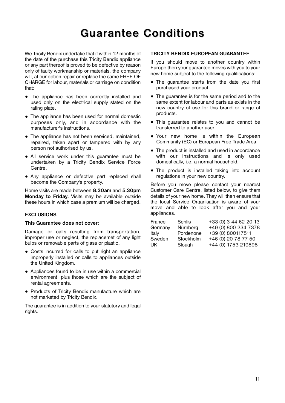 Guar, Guar ant ant ee conditions ee conditions | Tricity Bendix TB 17 TF User Manual | Page 11 / 16