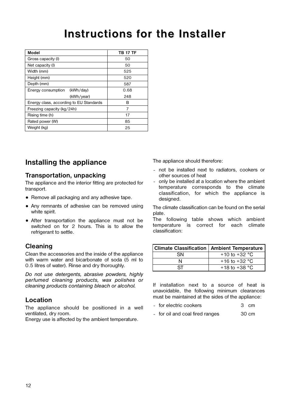 Installing the appliance | Tricity Bendix TB 17 TF User Manual | Page 12 / 16