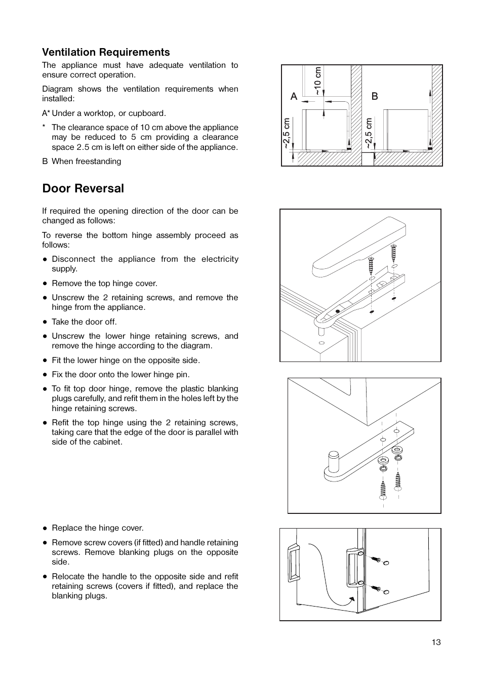 Door reversal, Ventilation requirements | Tricity Bendix TB 17 TF User Manual | Page 13 / 16