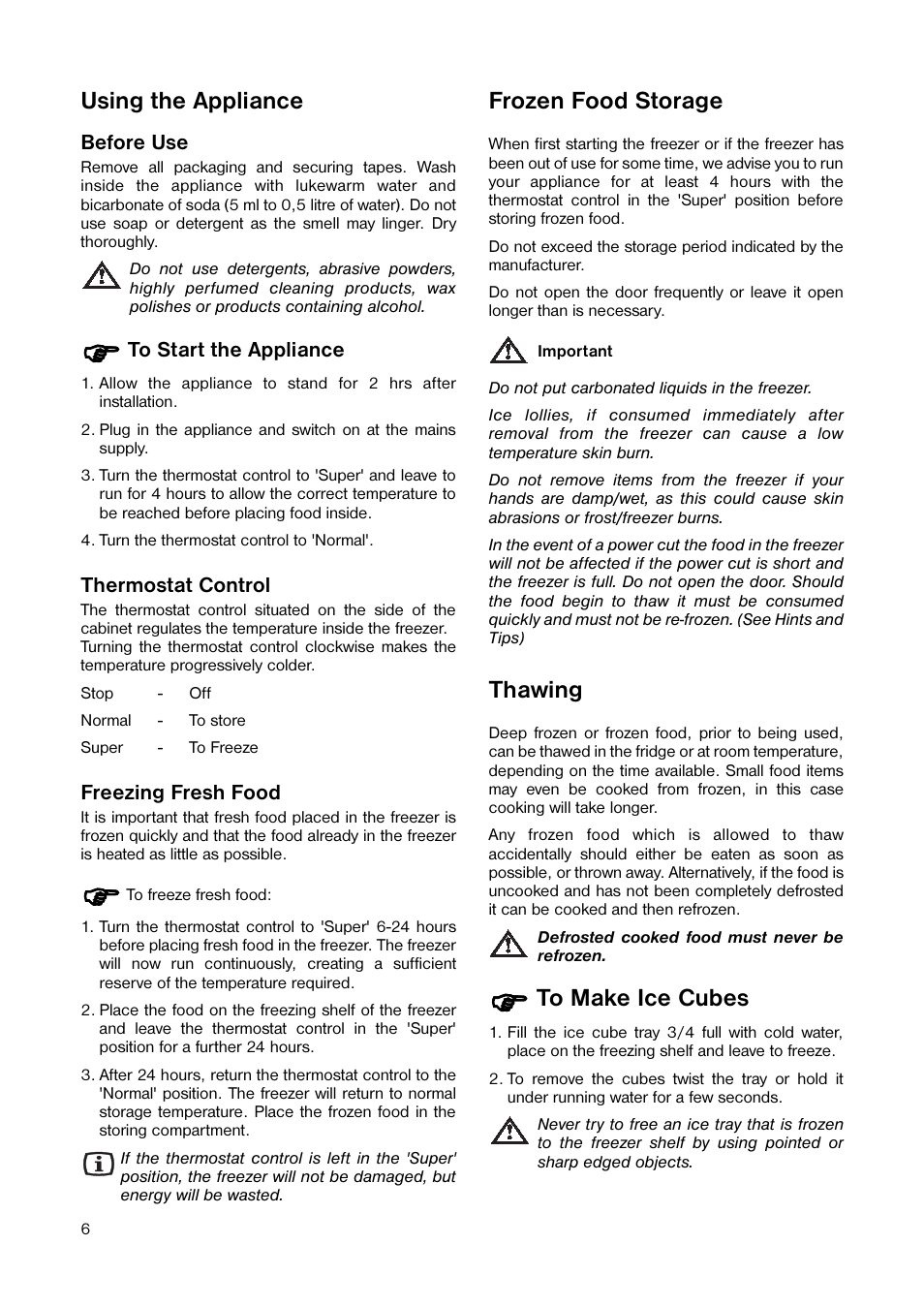 Using the appliance, Frozen food storage, Thawing | Tricity Bendix TB 17 TF User Manual | Page 6 / 16