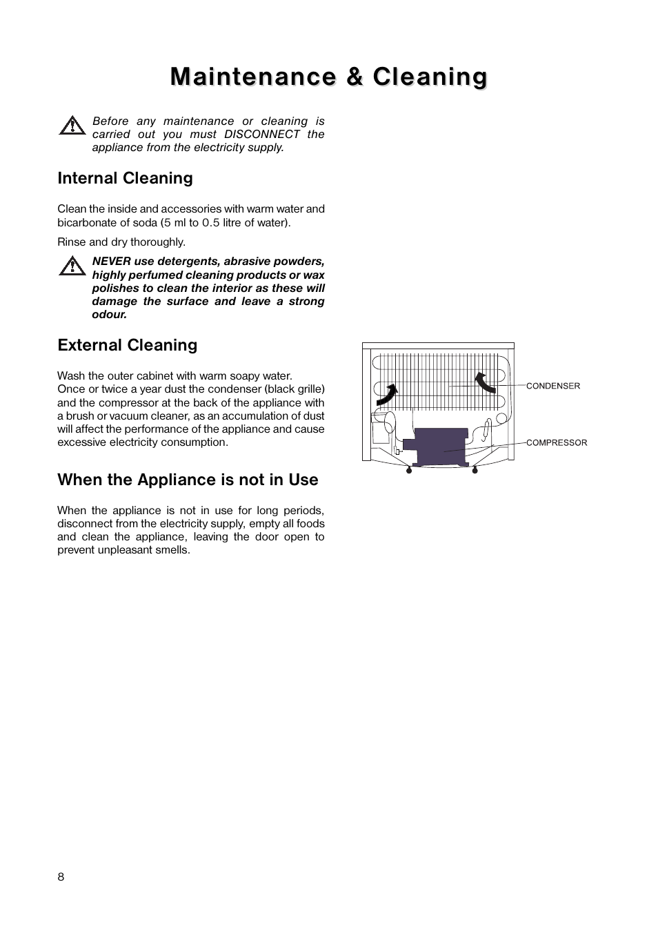 Maint, Maint enance & cleaning enance & cleaning, Internal cleaning | External cleaning, When the appliance is not in use | Tricity Bendix TB 17 TF User Manual | Page 8 / 16