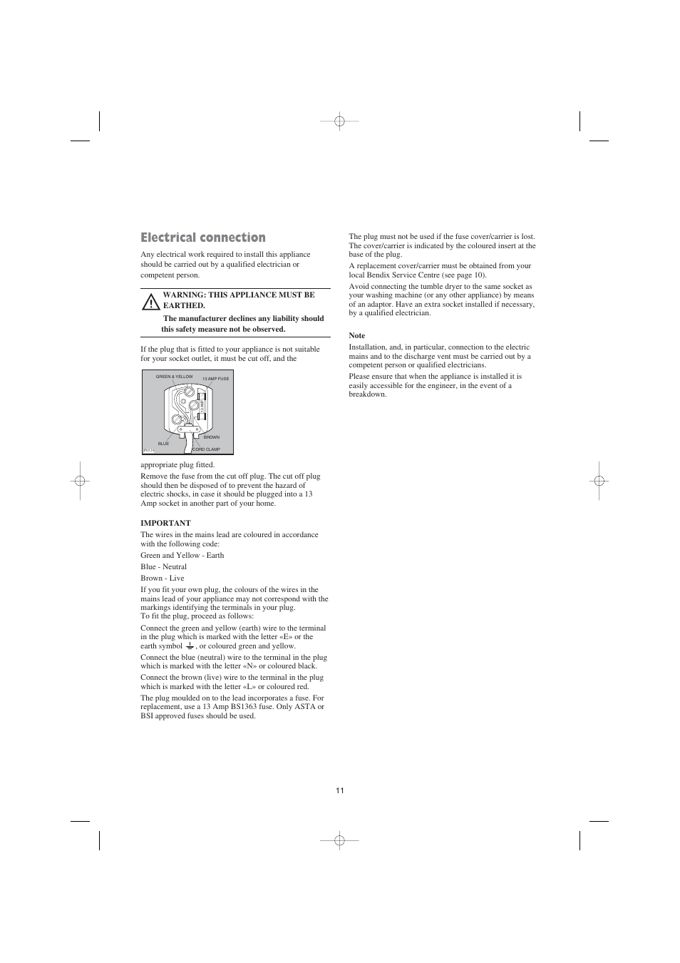 Electrical connection | Tricity Bendix BTD 03 User Manual | Page 11 / 12