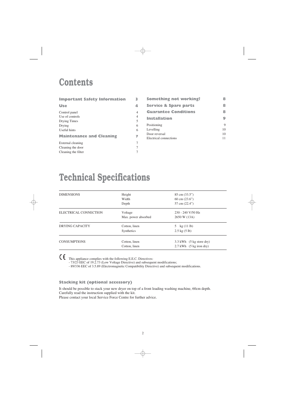 Technical specifications contents | Tricity Bendix BTD 03 User Manual | Page 2 / 12