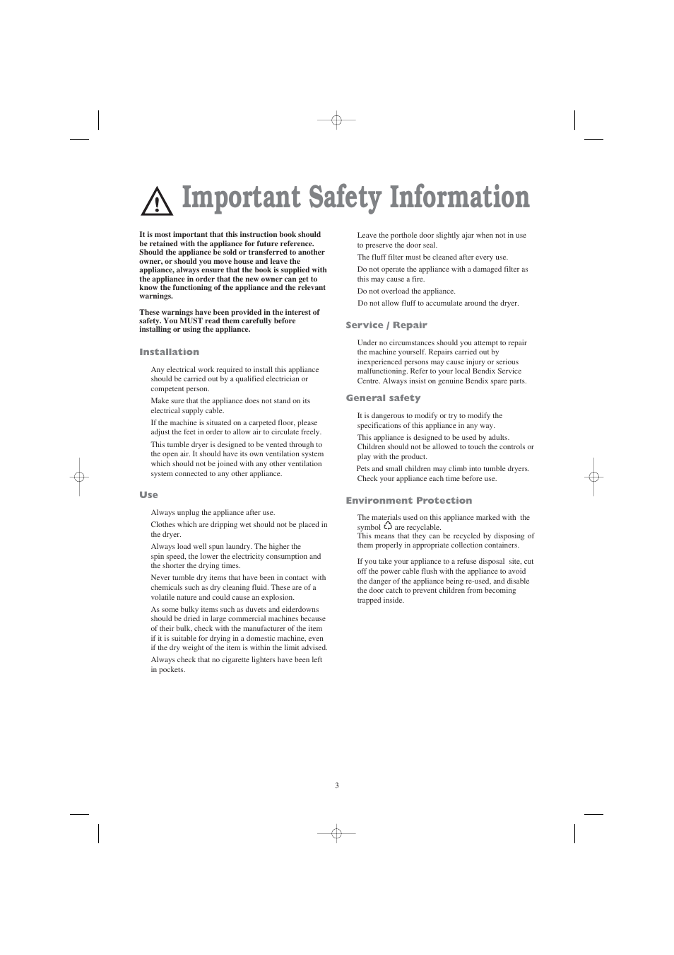 Important safety information | Tricity Bendix BTD 03 User Manual | Page 3 / 12