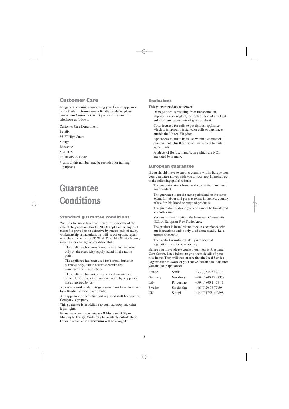 Guarantee conditions, Customer care | Tricity Bendix BTD 03 User Manual | Page 8 / 12