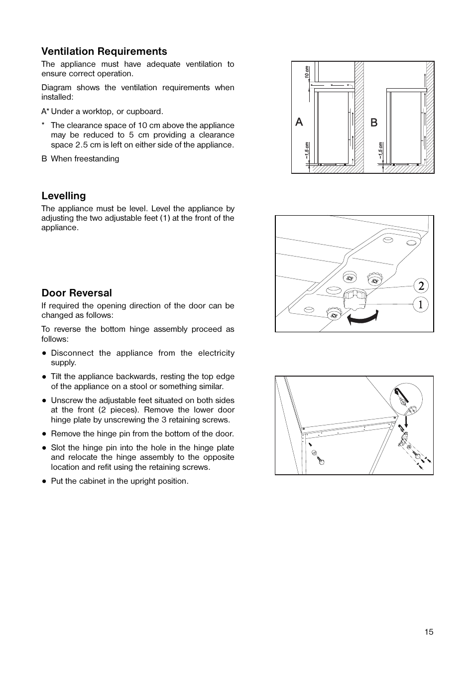 Ventilation requirements, Levelling, Door reversal | Tricity Bendix TB 59 L User Manual | Page 15 / 20