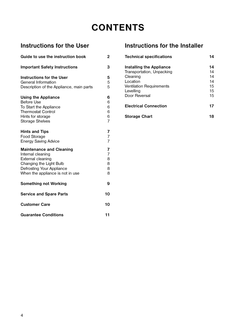 Content, Content s s, Instructions for the user | Instructions for the installer | Tricity Bendix TB 59 L User Manual | Page 4 / 20