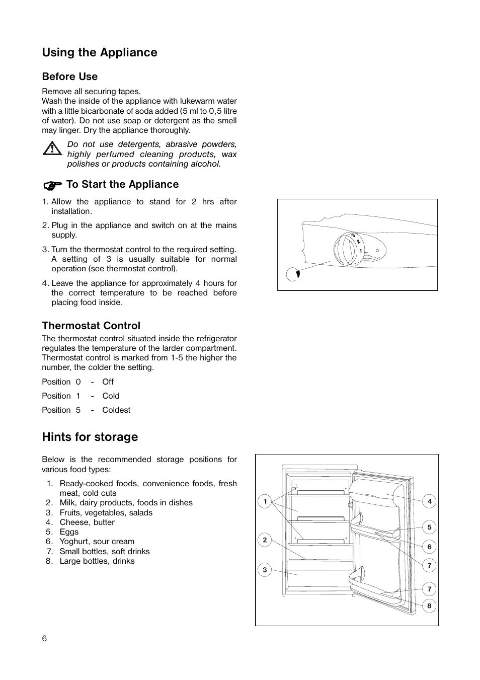 Using the appliance, Hints for storage | Tricity Bendix TB 59 L User Manual | Page 6 / 20