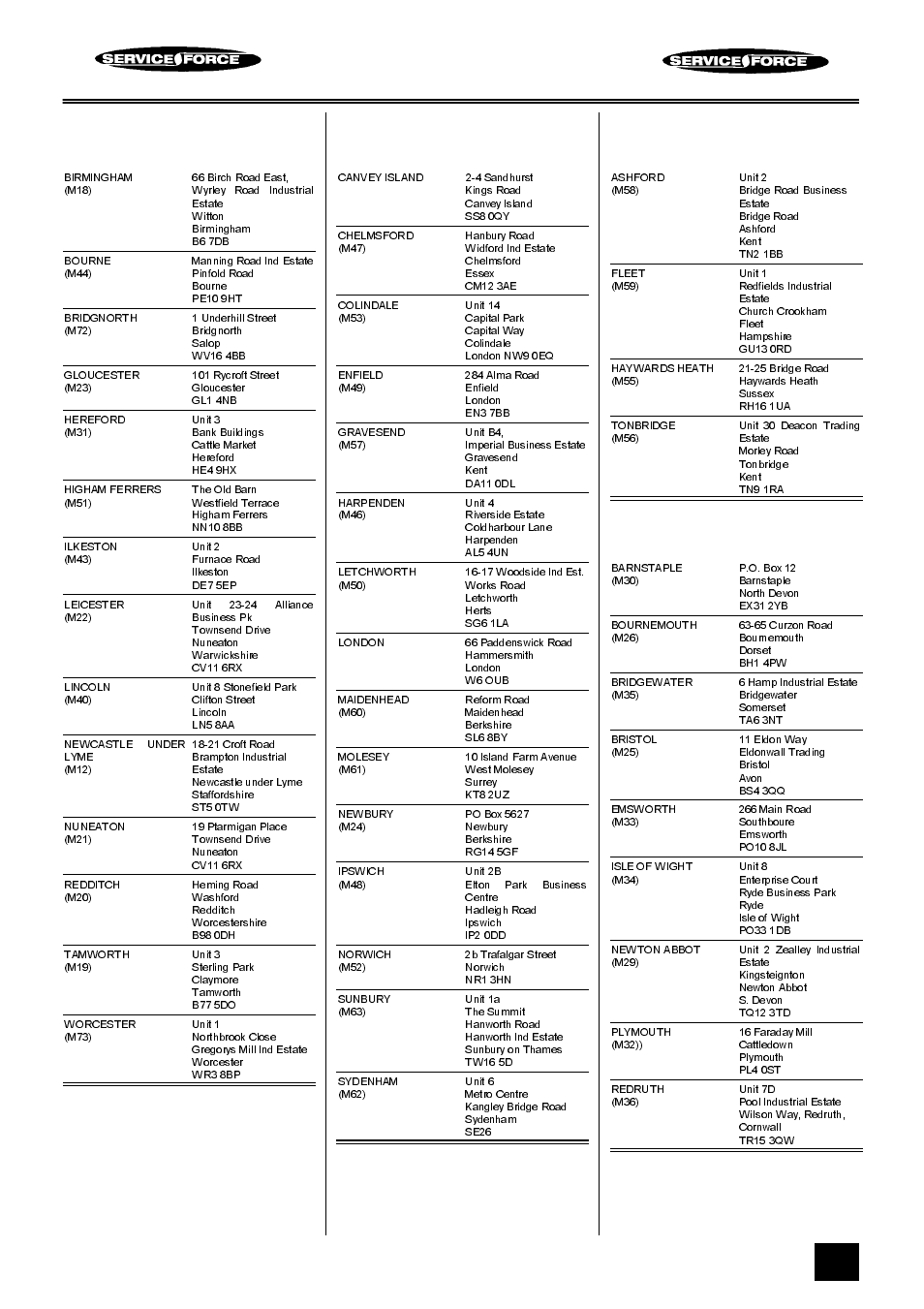 Tricity bendix service force, Midlands, London & east anglia | South east, South west | Tricity Bendix BS 613/2 User Manual | Page 37 / 40