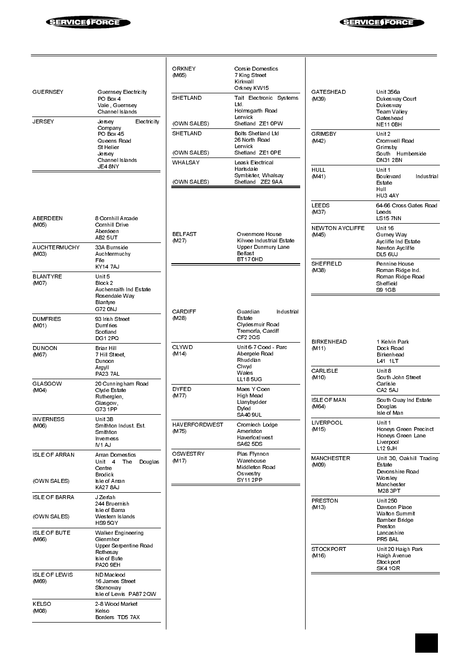 Tricity bendix service force, Channel islands, Scotland | Northern ireland, Wales, North east, North west | Tricity Bendix E 750 User Manual | Page 45 / 56