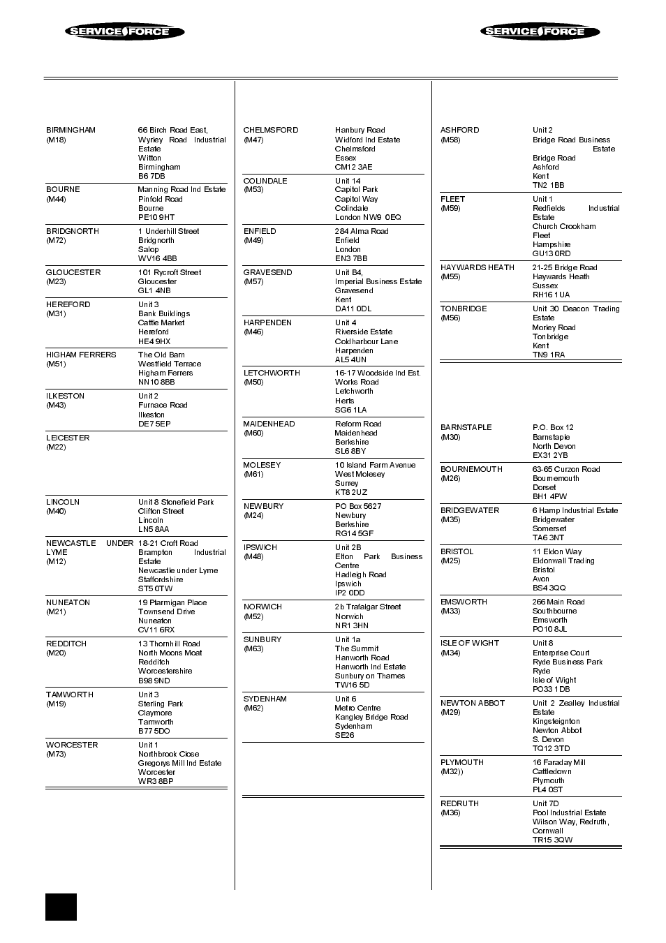 Tricity bendix service force, Midlands, London & east anglia | South east, South west | Tricity Bendix E 750 User Manual | Page 46 / 56