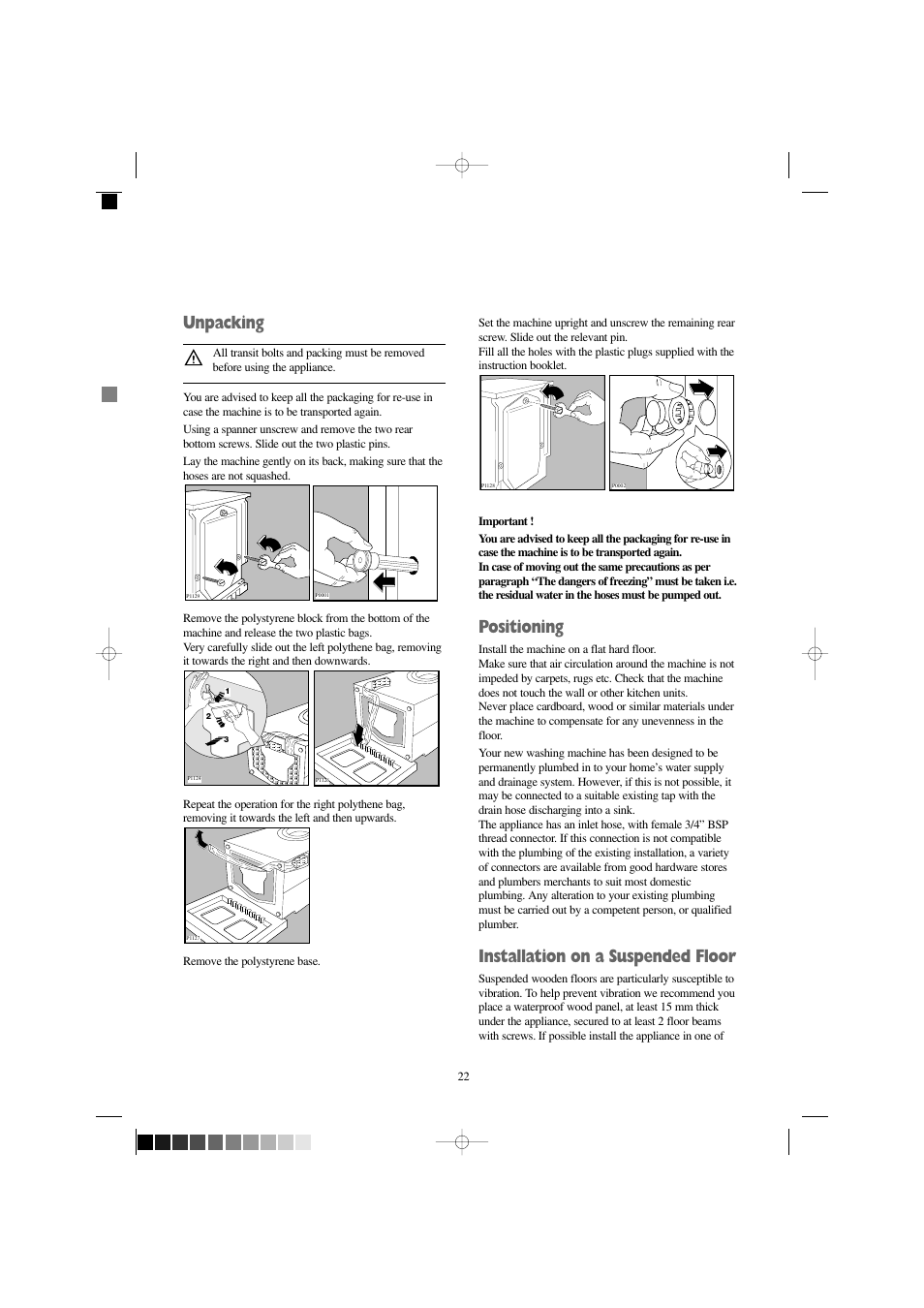 Unpacking, Positioning, Installation on a suspended floor | Tricity Bendix AW 1100 S User Manual | Page 22 / 26