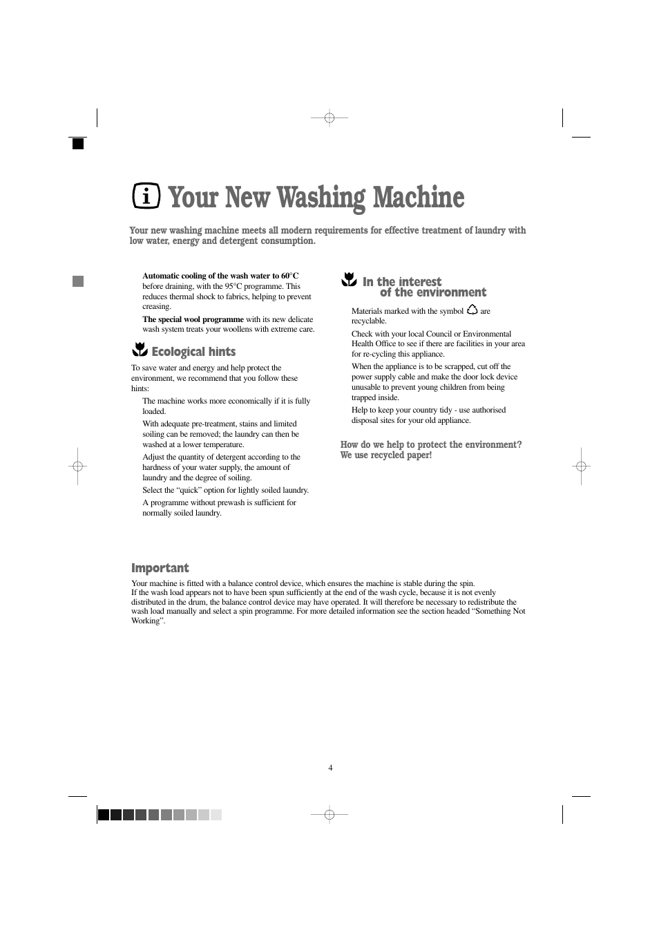 Your new washing machine, Ecological hints, Important | Tricity Bendix AW 1100 S User Manual | Page 4 / 26