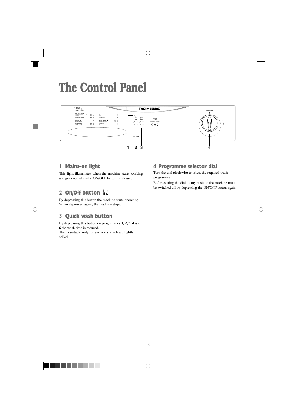 The control panel, 1 mains-on light, 2 on/off button | 3 quick wash button, 4 programme selector dial | Tricity Bendix AW 1100 S User Manual | Page 6 / 26