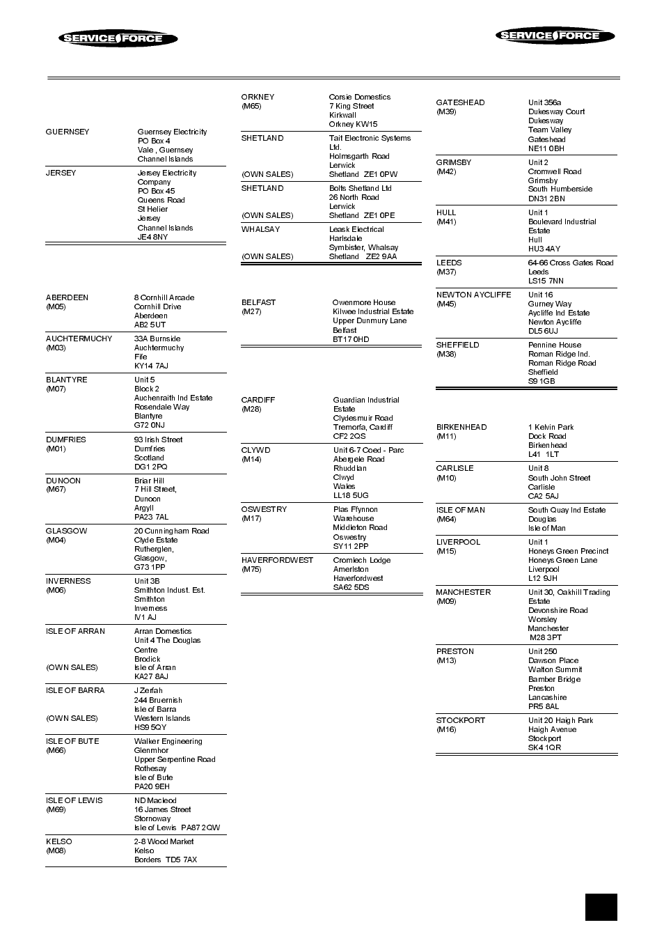 Tricity bendix service force, Channel islands, Scotland | Northern ireland, Wales, North east, North west | Tricity Bendix UF406W User Manual | Page 13 / 24
