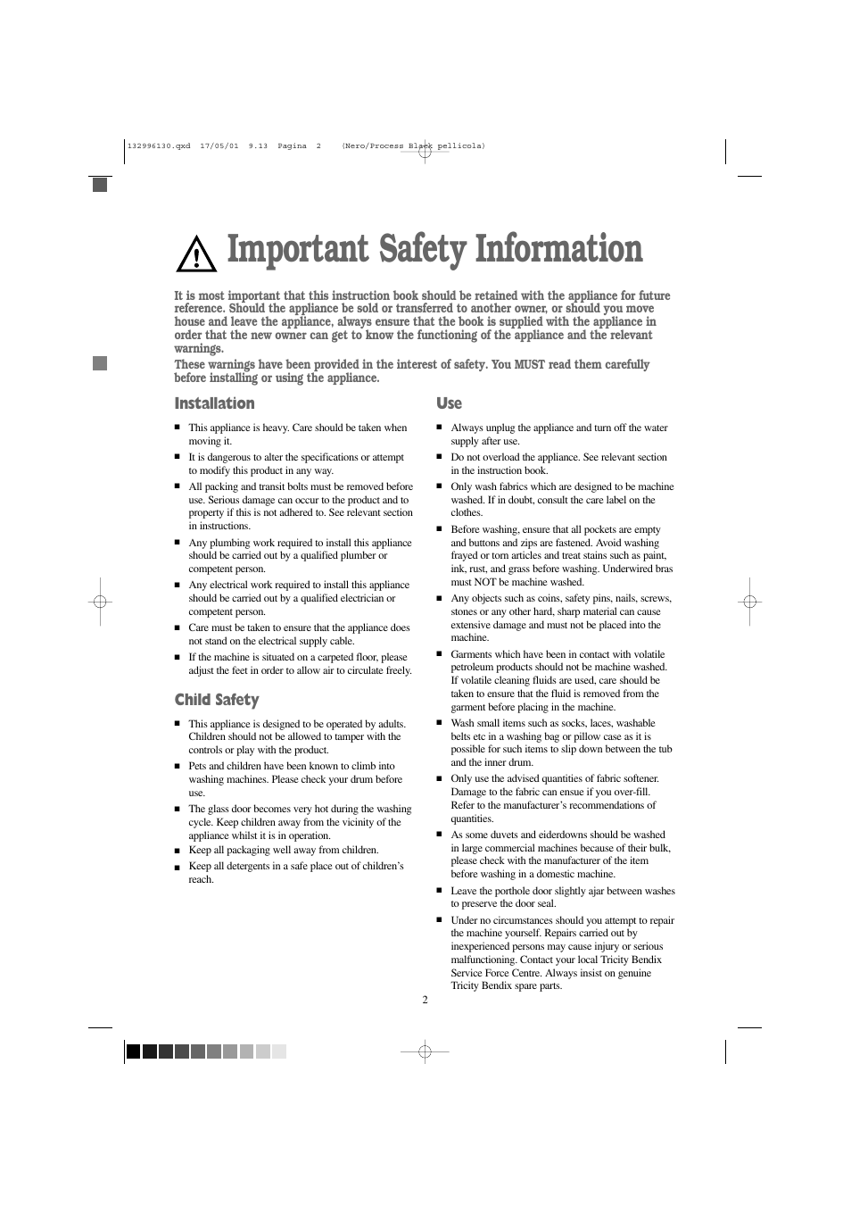 Important safety information, Installation, Child safety | Tricity Bendix AW 1054 W User Manual | Page 2 / 28