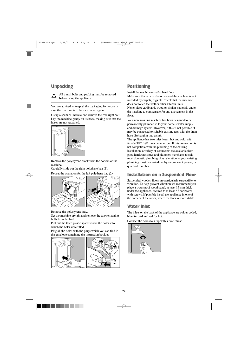 Unpacking, Positioning, Installation on a suspended floor | Water inlet | Tricity Bendix AW 1054 W User Manual | Page 24 / 28