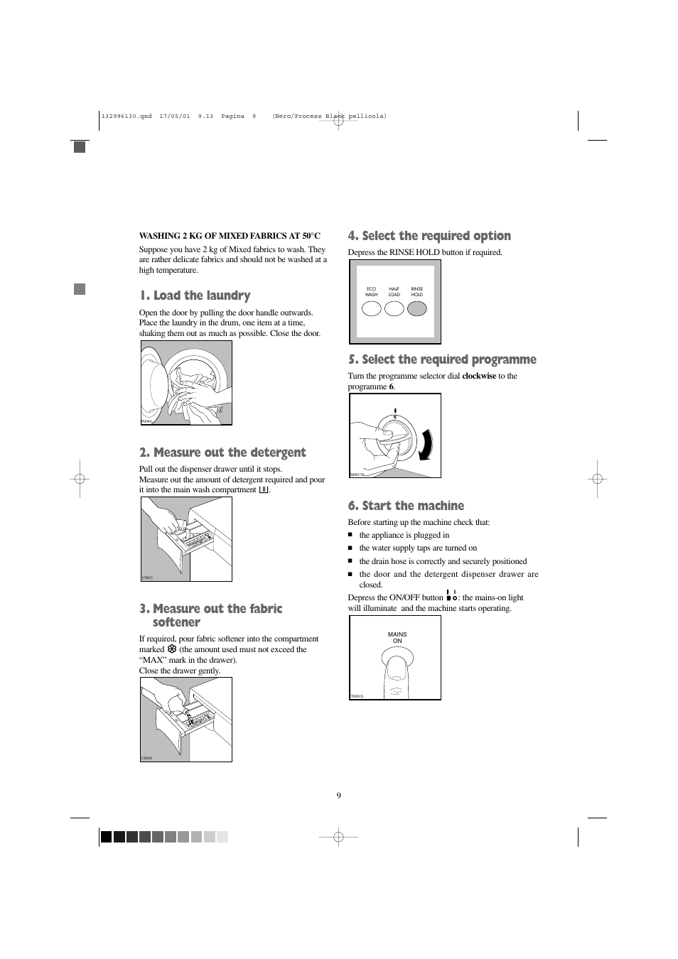 Load the laundry, Measure out the detergent, Measure out the fabric softener | Select the required option, Select the required programme, Start the machine | Tricity Bendix AW 1054 W User Manual | Page 9 / 28