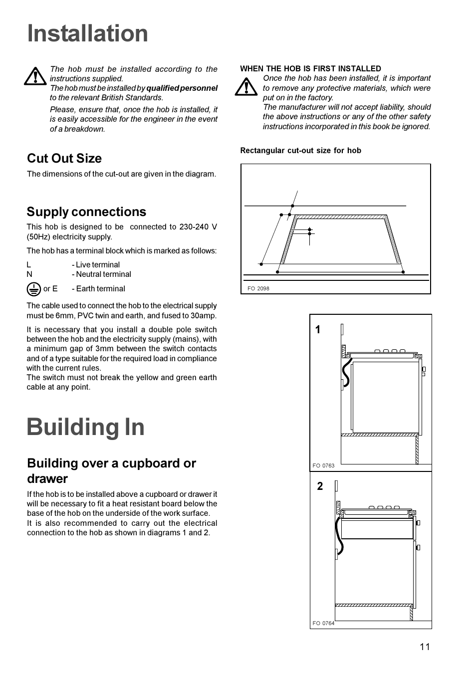 Building in, Installation, Building over a cupboard or drawer | Supply connections, Cut out size | Tricity Bendix TBE 635 User Manual | Page 11 / 16