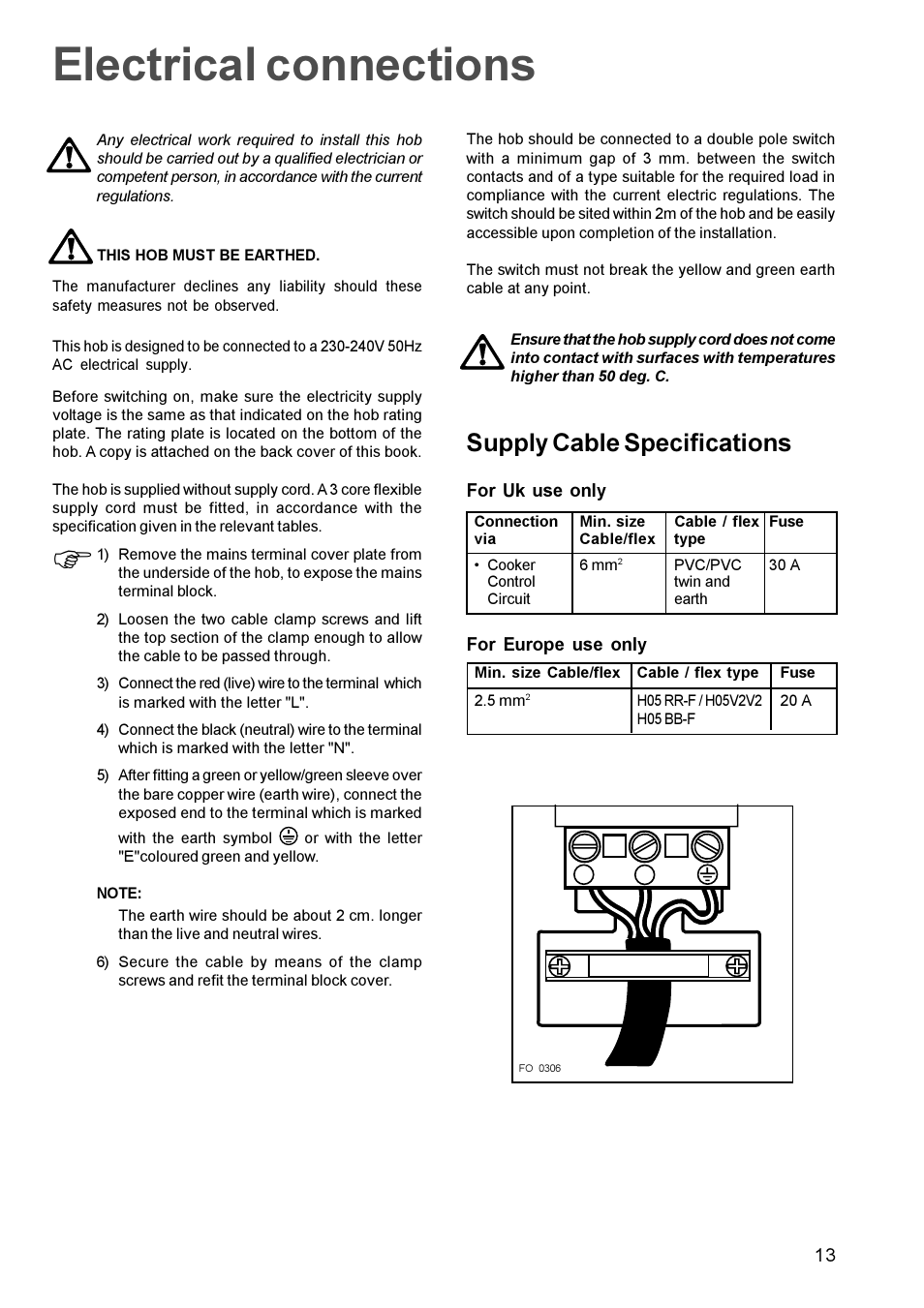 Electrical connections, Supply cable specifications | Tricity Bendix TBE 635 User Manual | Page 13 / 16