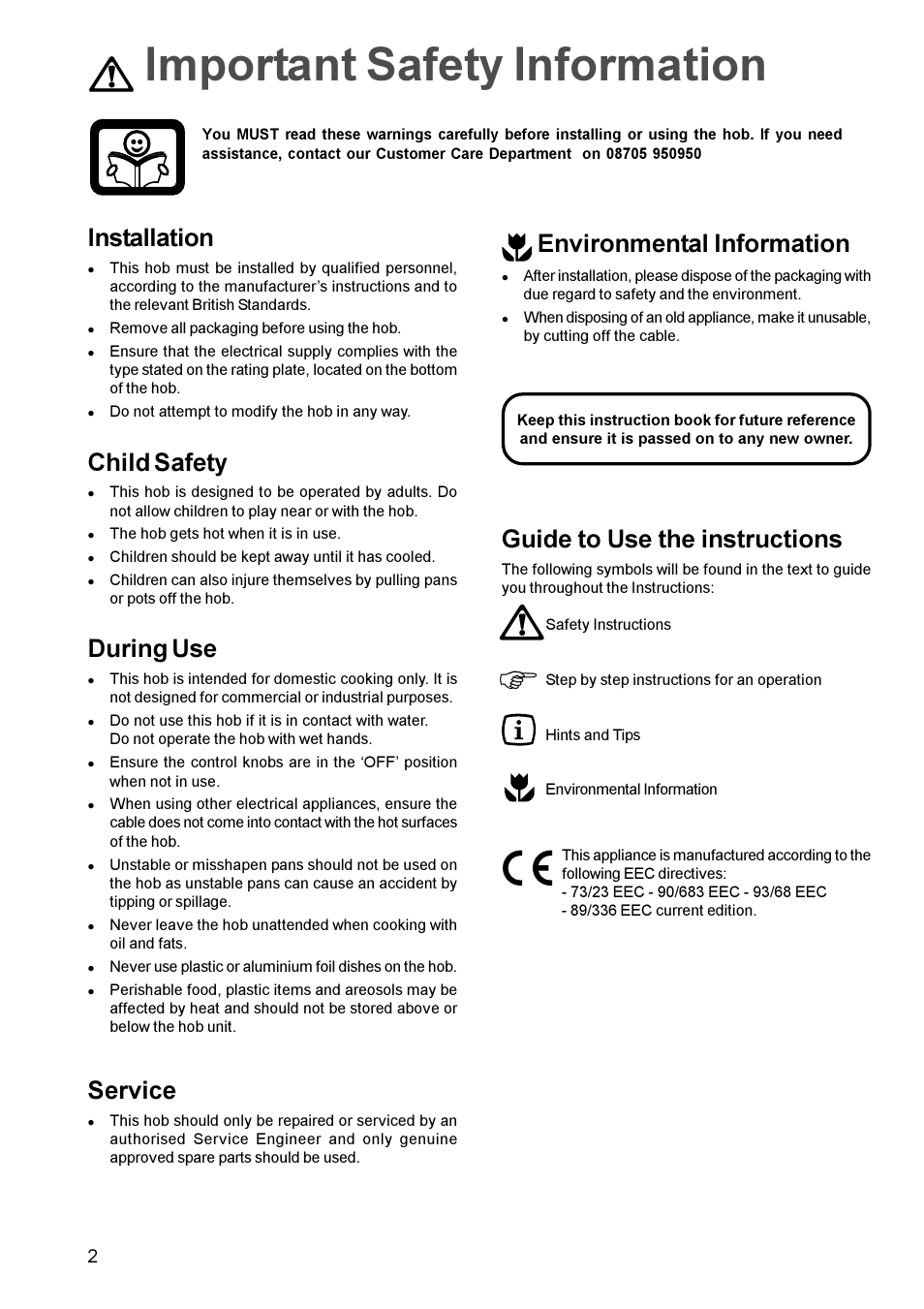 Fimportant safety information, Guide to use the instructions, Installation | Child safety, During use, Service, Environmental information | Tricity Bendix TBE 635 User Manual | Page 2 / 16