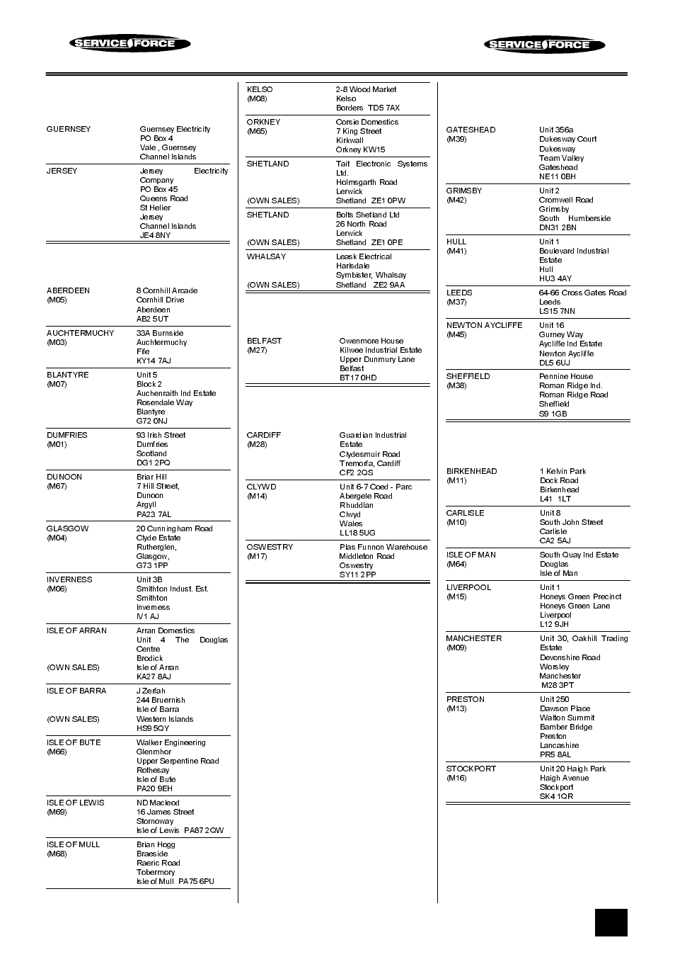 Tricity bendix service force, Channel islands, Scotland | Northern ireland, Wales, North east, North west | Tricity Bendix BD 985 User Manual | Page 35 / 40