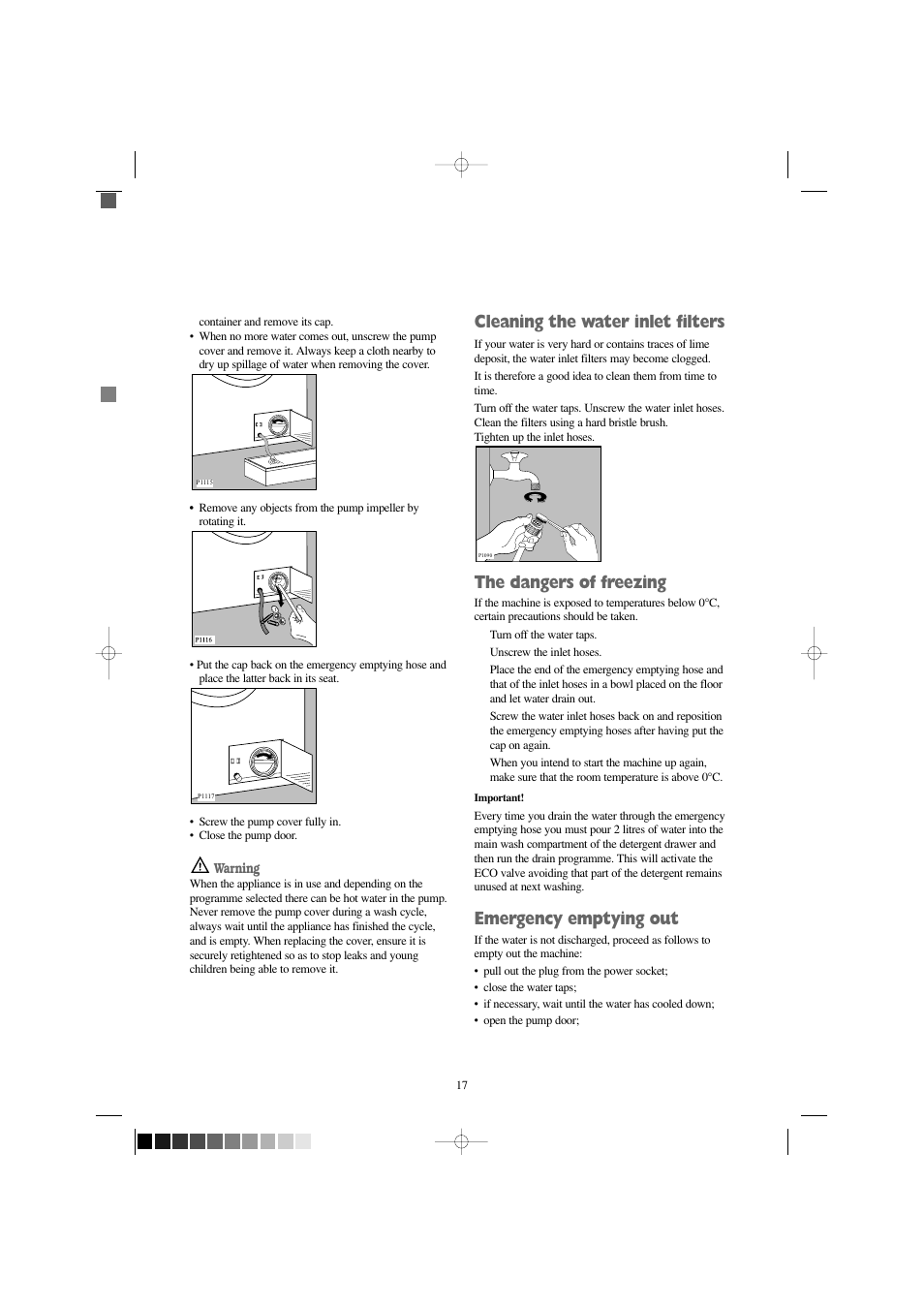 Cleaning the water inlet filters, The dangers of freezing, Emergency emptying out | Tricity Bendix BIW 123 W User Manual | Page 17 / 27