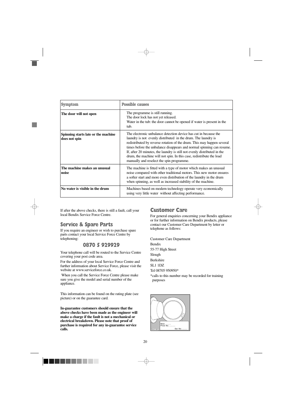Service & spare parts, Customer care | Tricity Bendix BIW 123 W User Manual | Page 20 / 27