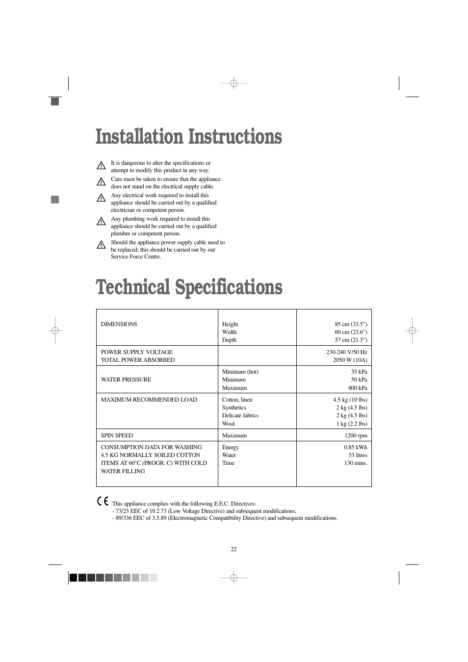 Installation instructions technical specifications | Tricity Bendix BIW 123 W User Manual | Page 22 / 27