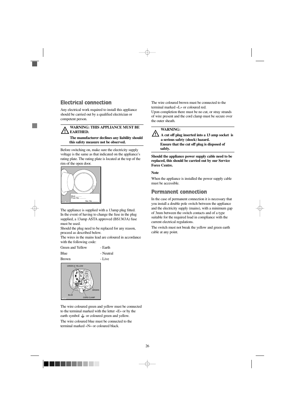 Electrical connection, Permanent connection | Tricity Bendix BIW 123 W User Manual | Page 26 / 27