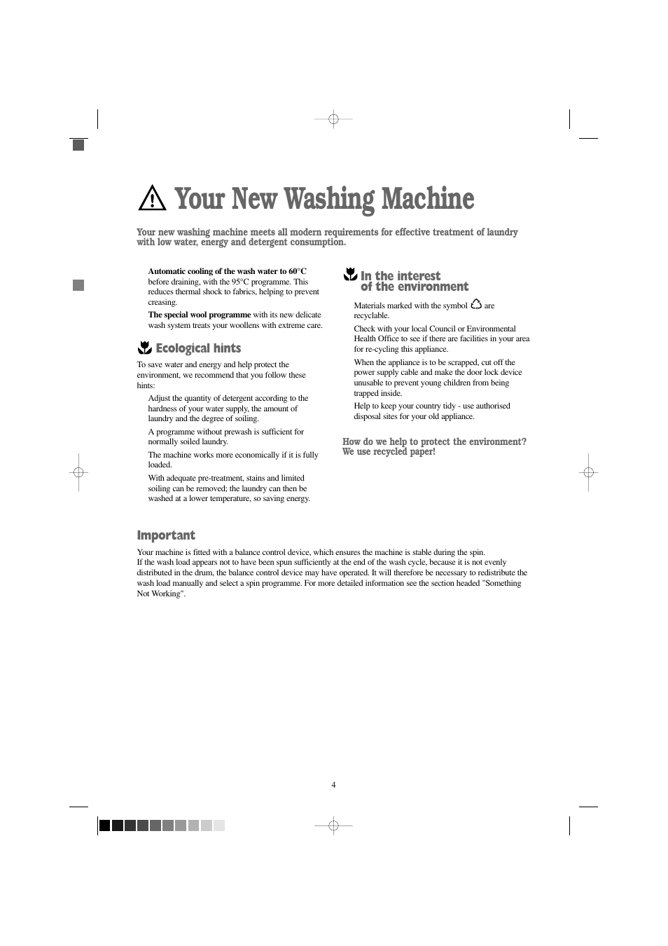 Your new washing machine, Ecological hints, Important | Tricity Bendix BIW 123 W User Manual | Page 4 / 27