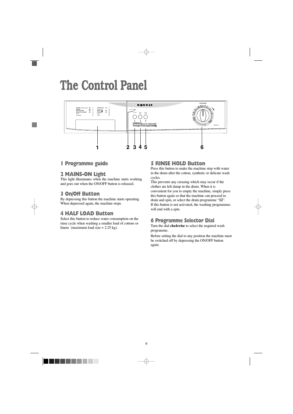 The control panel, 1 programme guide 2 mains-on light, 3 on/off button | 4 half load button, 5 rinse hold button, 6 programme selector dial | Tricity Bendix BIW 123 W User Manual | Page 6 / 27