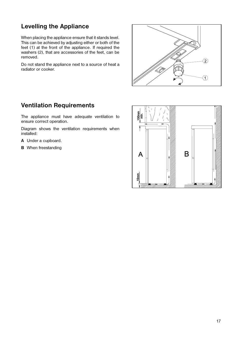 Levelling the appliance, Ventilation requirements | Tricity Bendix TB 090 FF User Manual | Page 17 / 20