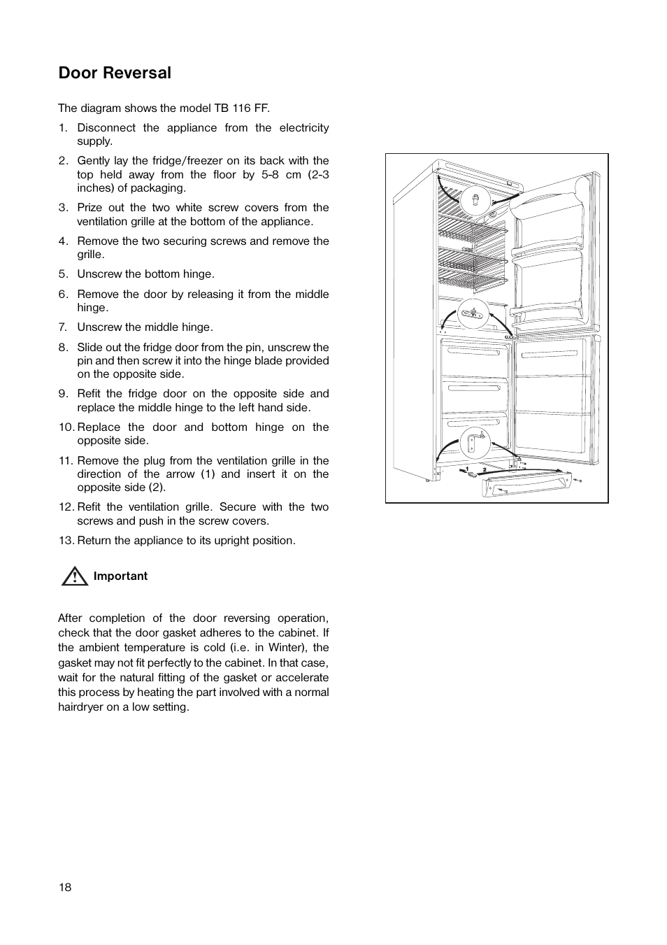 Door reversal | Tricity Bendix TB 090 FF User Manual | Page 18 / 20