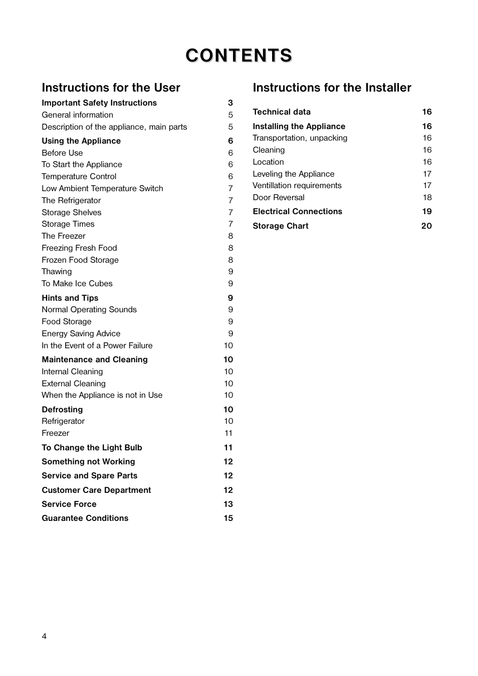 Content, Content s s, Instructions for the user | Instructions for the installer | Tricity Bendix TB 090 FF User Manual | Page 4 / 20