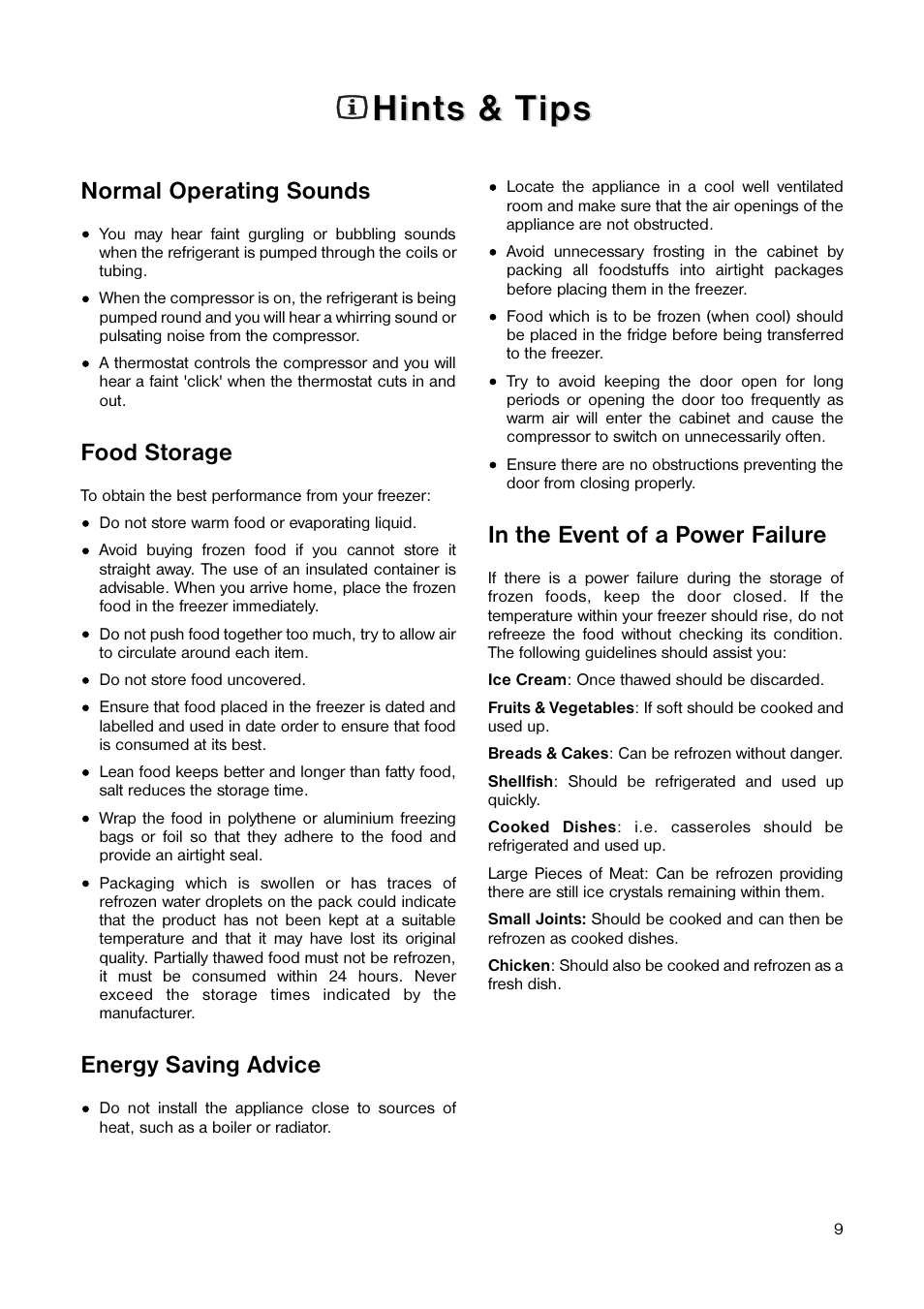 Hints & t, Hints & t ips ips, Normal operating sounds | Food storage, Energy saving advice | Tricity Bendix TB 090 FF User Manual | Page 9 / 20