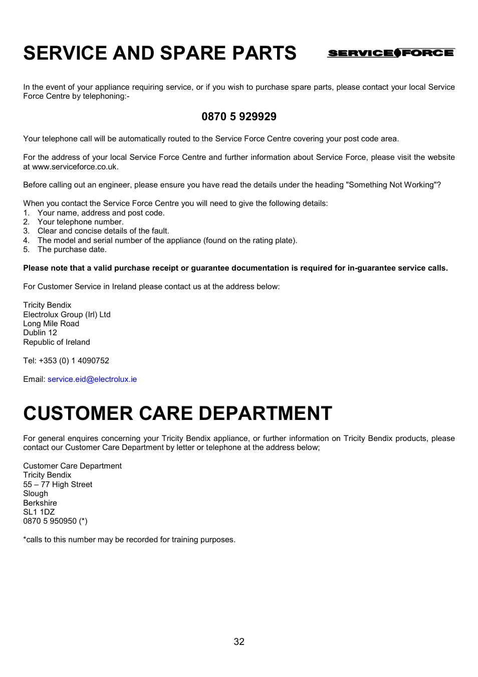 Service and spare parts, Customer care department | Tricity Bendix SE454 User Manual | Page 32 / 36