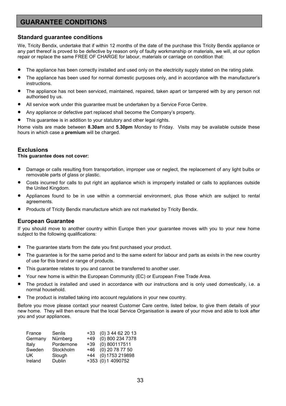 Guarantee conditions | Tricity Bendix SE454 User Manual | Page 33 / 36