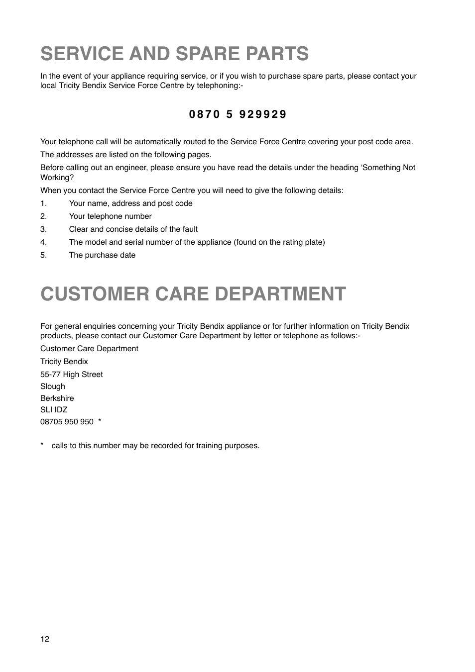 Service and spare parts customer care department | Tricity Bendix FD 792 User Manual | Page 12 / 20