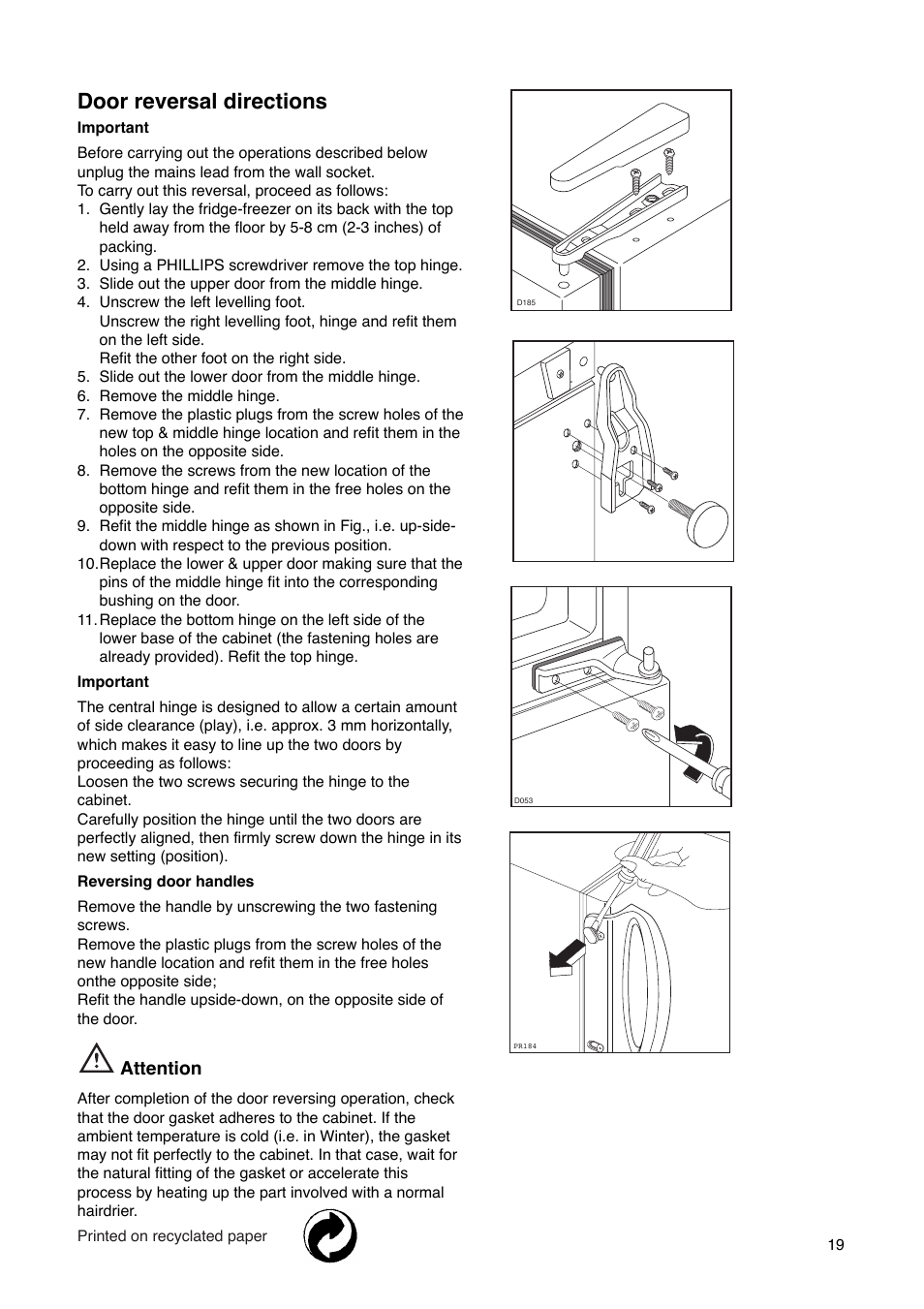 Door reversal directions, Attention | Tricity Bendix FD 792 User Manual | Page 19 / 20