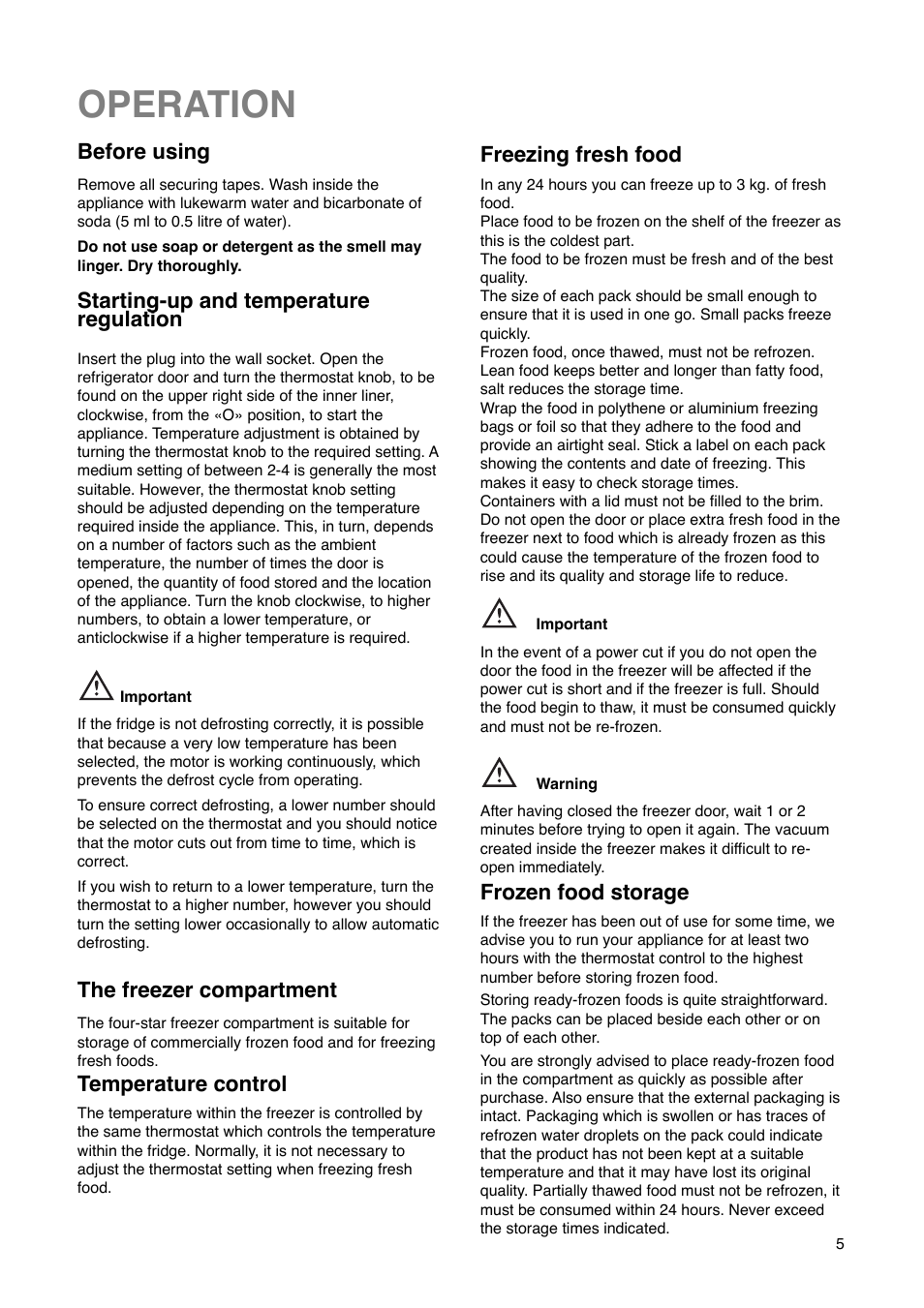 Operation, Before using, Starting-up and temperature regulation | The freezer compartment, Temperature control, Freezing fresh food, Frozen food storage | Tricity Bendix FD 792 User Manual | Page 5 / 20
