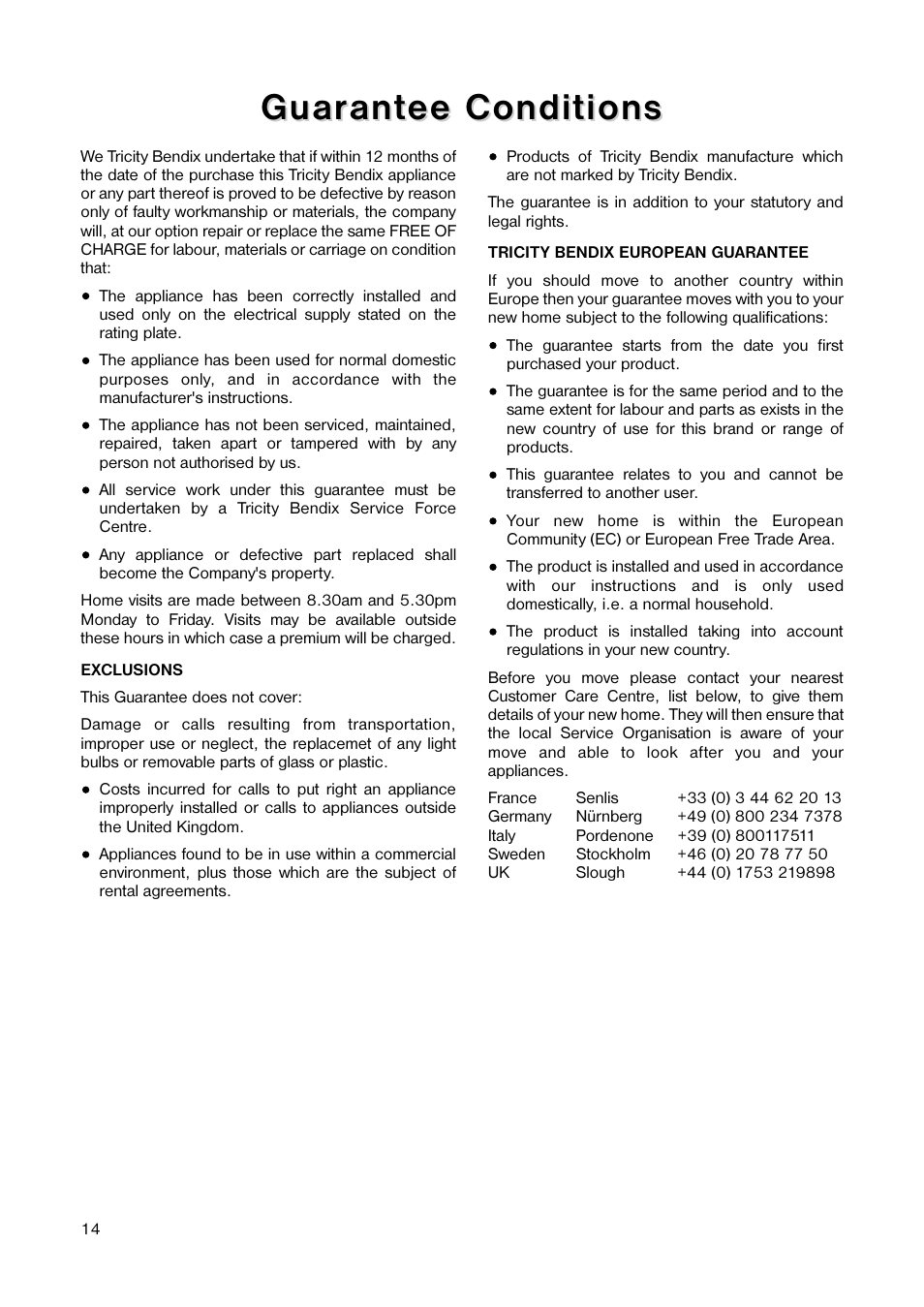 Guar, Guar ant ant ee conditions ee conditions | Tricity Bendix TB 117 FF User Manual | Page 14 / 20