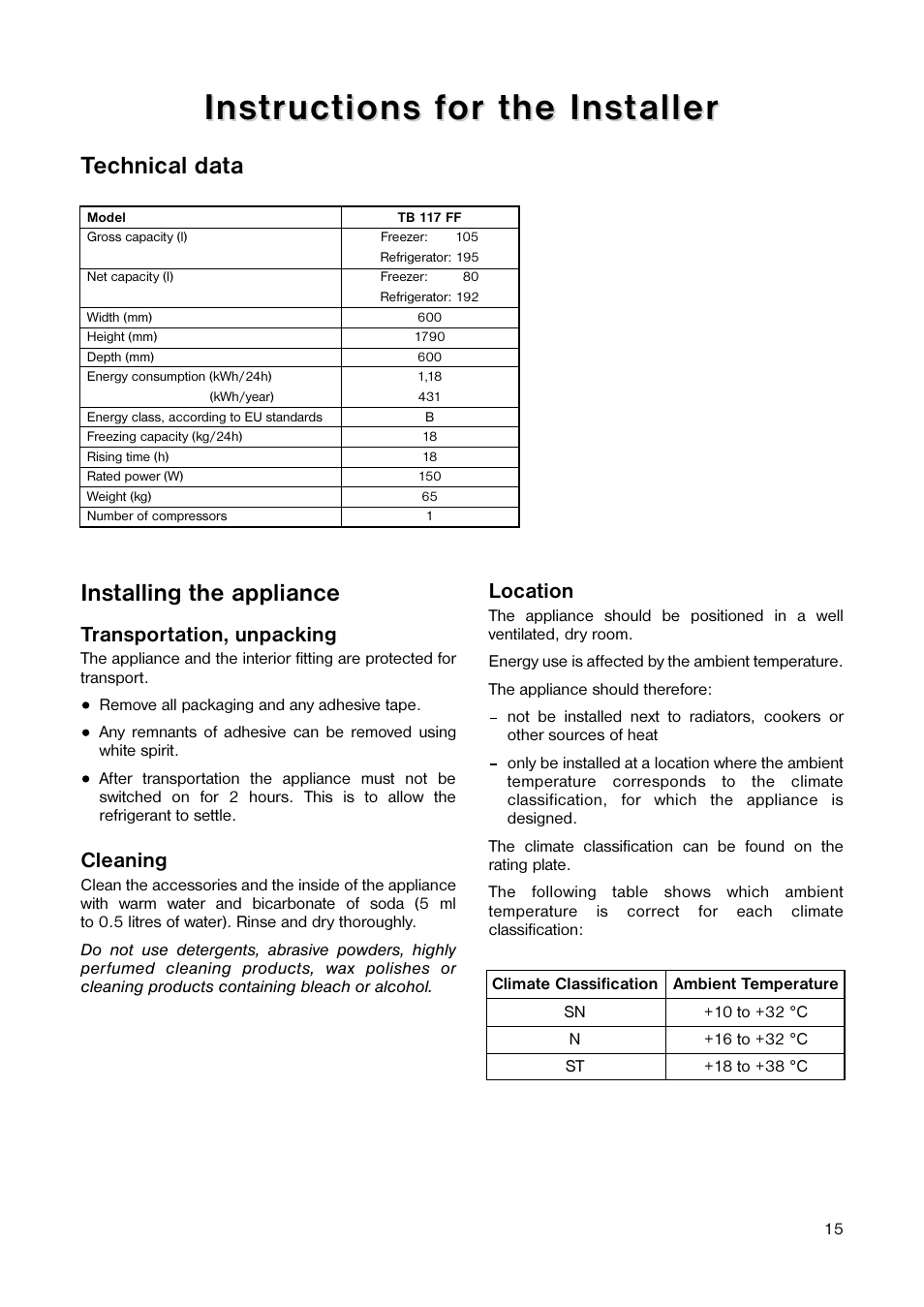 Technical data, Installing the appliance | Tricity Bendix TB 117 FF User Manual | Page 15 / 20