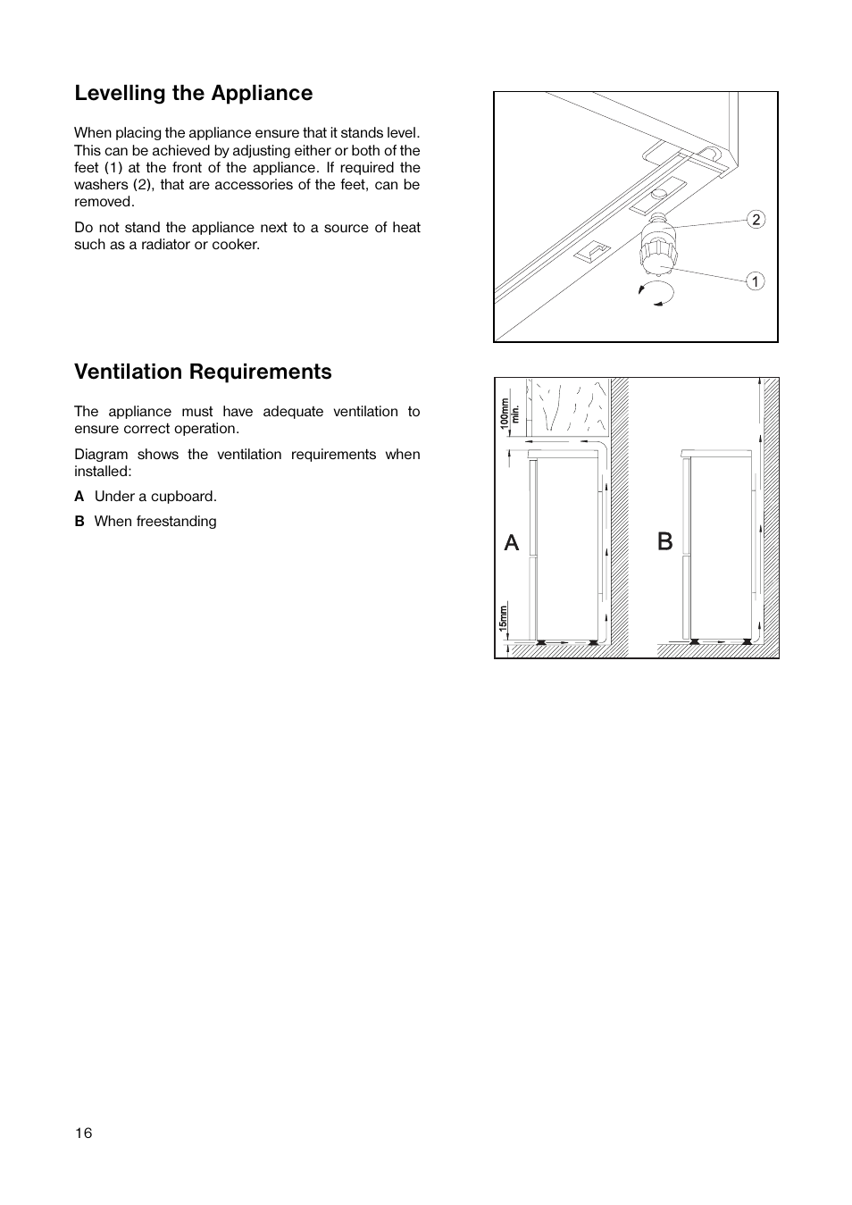 Levelling the appliance, Ventilation requirements | Tricity Bendix TB 117 FF User Manual | Page 16 / 20